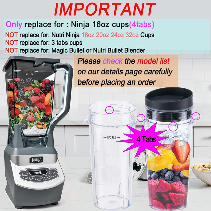 Replacement16oz Blender Cup for NinjaSingle Serve Blender Cup With Lids Set For BL770 BL780 BL660 BL740 BL810 Nutri Ninj