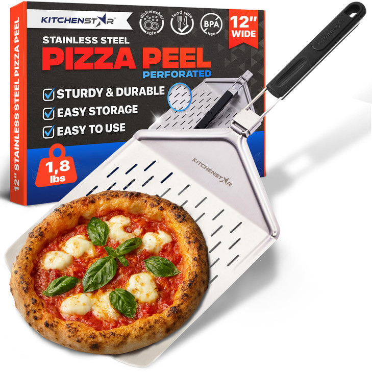 KitchenStar Perforated Pizza Peel 12 inch with 10 inch Folding Handle Medium Stainless Steel Spatula Paddle for Effortle