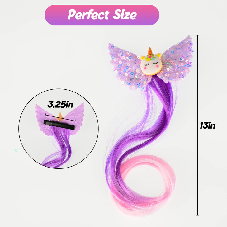 Ideal Swan 6 Set Unicorn Hair Extensions Clip - Colorful Curly Hair Extensions for Girls, Cute Unicorn Accessories Hair Clips for Kids Ponytails, Rai