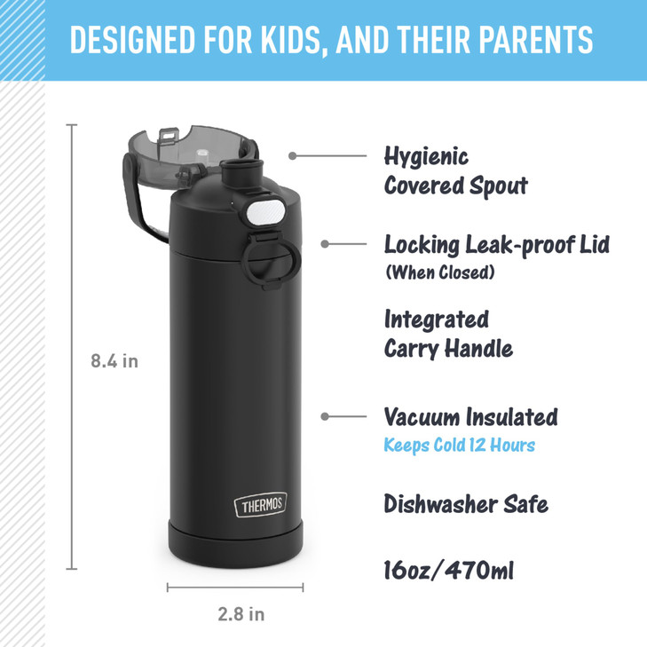 THERMOS FUNTAINER 16 Ounce Stainless Steel Vacuum Insulated Bottle with Wide Spout Lid Black Matte