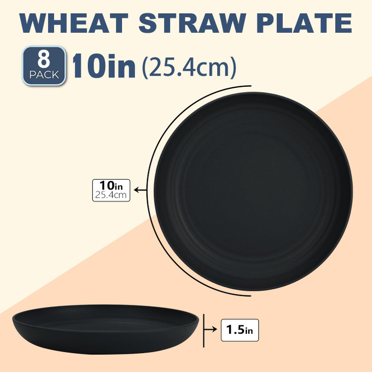 Wrova Wheat Straw Plates 10 Inch Unbreakable Dinner Plates Set of 8 Dishwasher Microwave Safe Plastic Plates Reusable Li