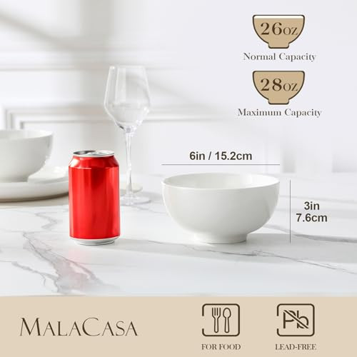 MALACASA 26 Oz Porcelain Soup Bowls Set of 4 White Ceramic Bowls for Kitchen Cereal Bowl for Oatmeal Fruit Salad Ramen a