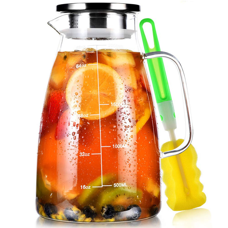 Aofmee Glass Pitcher with Lid 68oz Water Pitcher with Handle and Precise Scale Line Stainless Steel Iced Tea Carafe Heat