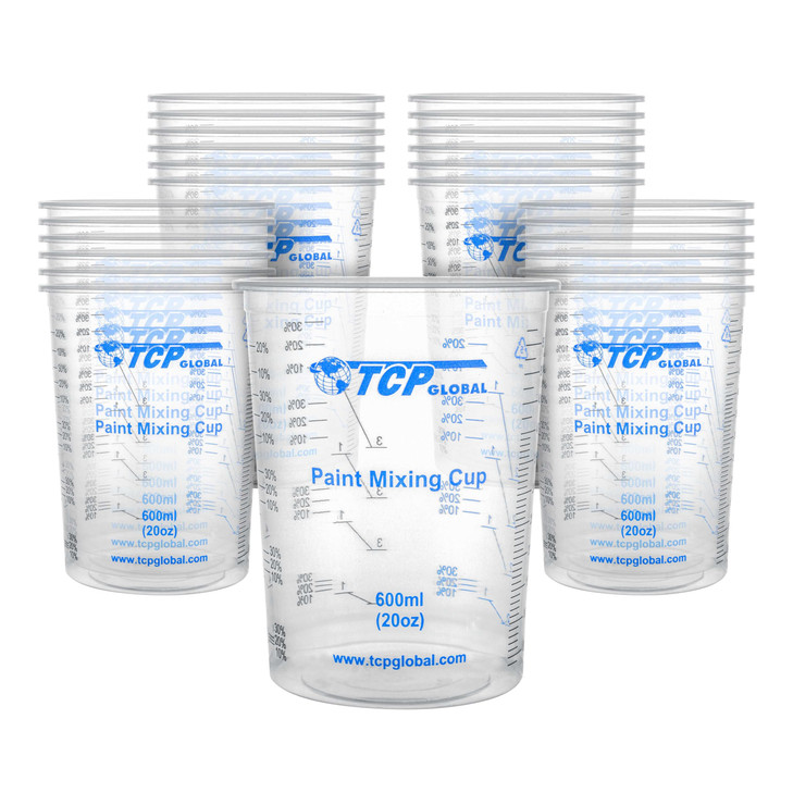 TCP Global 20 oz 600ml Graduated Plastic Mixing Cups Box of 25 Disposable Plastic Measuring Cups for Liquids Paints Resi