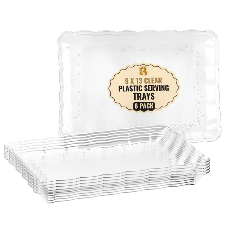 6 Pack Clear Plastic Serving Trays for Party 9 x 13 Inch Heavy Duty Plastic Trays for Food Rectangular Party Serving Tra