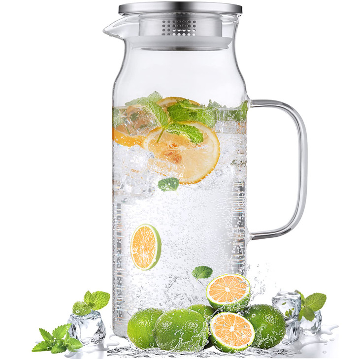 Bivvclaz 2 Liter 68 oz Glass Pitcher with Lid and Handle Glass Carafe for HotCold Water Large Iced Tea Pitcher for Coffe
