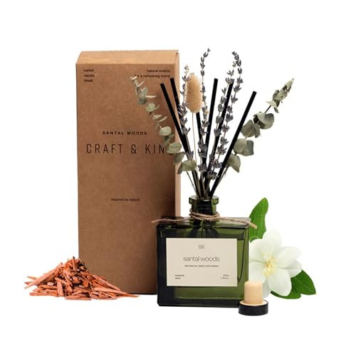 Craft Kin Reed Diffuser with Dried Flowers 5 oz Santal Woods Scented Reed Diffusers for Home Bathroom Scent Sticks Elega