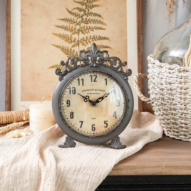 NIKKY HOME Small Vintage Table Clock Decorative Shelf Desk Top Clock Battery Operated Round French Design Farmhouse Home