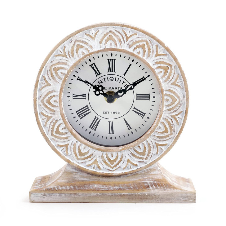 NIKKY HOME Hand Carved Wood Table Clock Shelf Desk Top Clock Battery Operated Boho Design Vintage Home Decor for Firepla