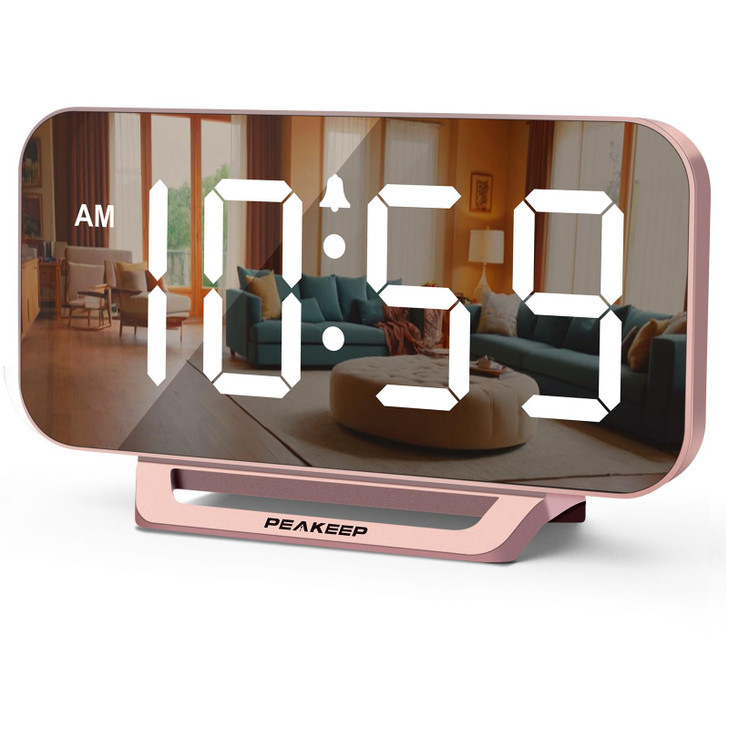 Peakeep Slim Digital Mirror Aesthetic Alarm Clock for Bedroom Living Decor Plug in Electric Clock Big LED Modern Small T
