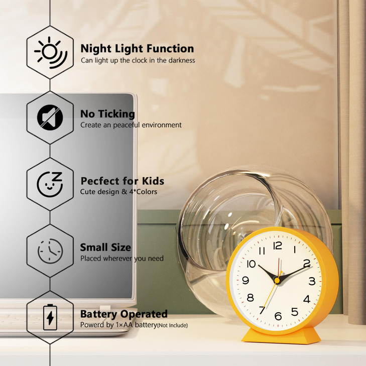 AYRELY 45 Analog Alarm ClockSmall Retro Desk Clock Battery OperatedSlient Metal Table Clock with Light for Living Room D