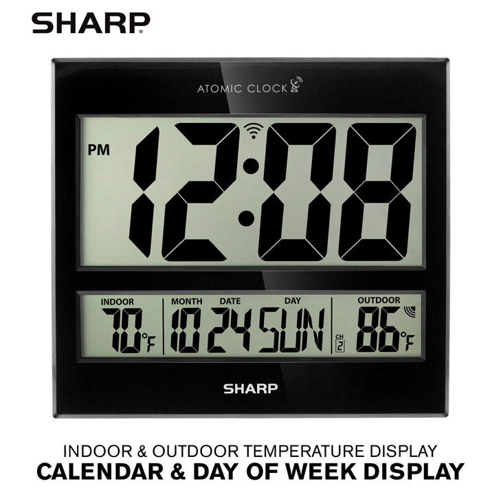 Sharp Atomic Clock Never Needs Setting Jumbo 3 Easy to Read Numbers IndoorOutdoor Temperature Display with Wireless Outd