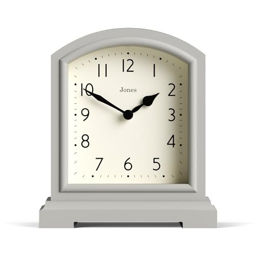 JONES CLOCKS Tavern Mantel Clock Small Modern Arch top Design Pale Gray Contemporary Classic Style for Desk Table Shelf