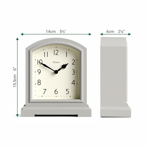 JONES CLOCKS Tavern Mantel Clock Small Modern Arch top Design Pale Gray Contemporary Classic Style for Desk Table Shelf
