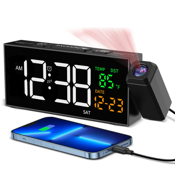 Netzu Projection Clock for Bedroom Ceiling Alarm Clocks with 180 Rotatable Projector Date Temperature and Weekday Manual