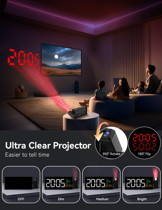 Netzu Projection Clock for Bedroom Ceiling Alarm Clocks with 180 Rotatable Projector Date Temperature and Weekday Manual