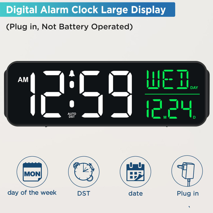 Peakeep Large Display Digital Alarm Clock for Bedrooms Date Day of Week Calendar Desk Table Clocks for Living Room Offic