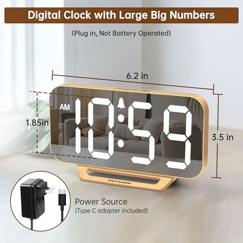 Peakeep Slim Digital Mirror Aesthetic Alarm Clock for Bedrooms Desk Decor Plug in Electric Big LED Modern Small Clock fo