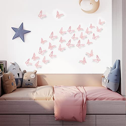 SAOROPEB 3D Wall Decor 72 Pcs 3 Sizes 3 Styles Pink Butterfly Decorations Removable Stickers for Room Decor Party Balloo