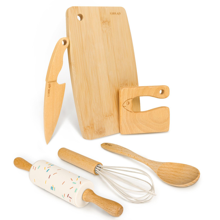 LUOLAO Wooden Kids Safe Knife and Kids Baking Set for Real Cooking 6 PCS Toddler Montessori Kitchen Tools Cooking and Ba