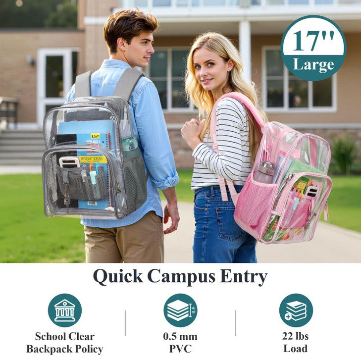 PACKISM Clear Backpack 17 inch Large Clear Backpacks for School Heavy Duty Bookbag Transparent PVC See Through Backpack