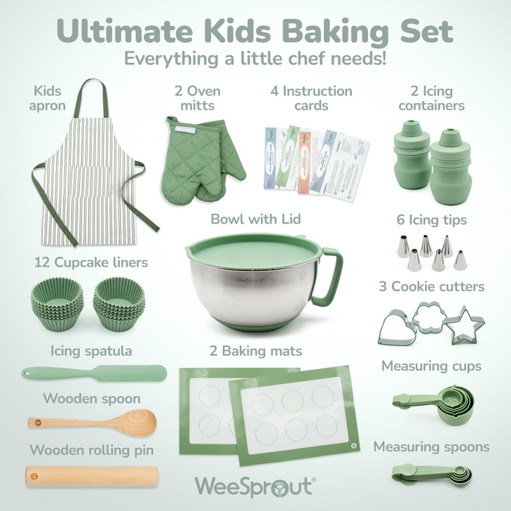 Ultimate Baking Kit for Kids Kids Baking Set with Child Sized Utensils Includes Apron Oven Mitts Silicone Mats Liners Pe