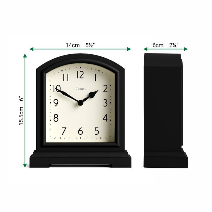 JONES CLOCKS Tavern Mantel Clock Small Modern Arch top Design Black Contemporary Classic Style for Desk Table Shelf or B