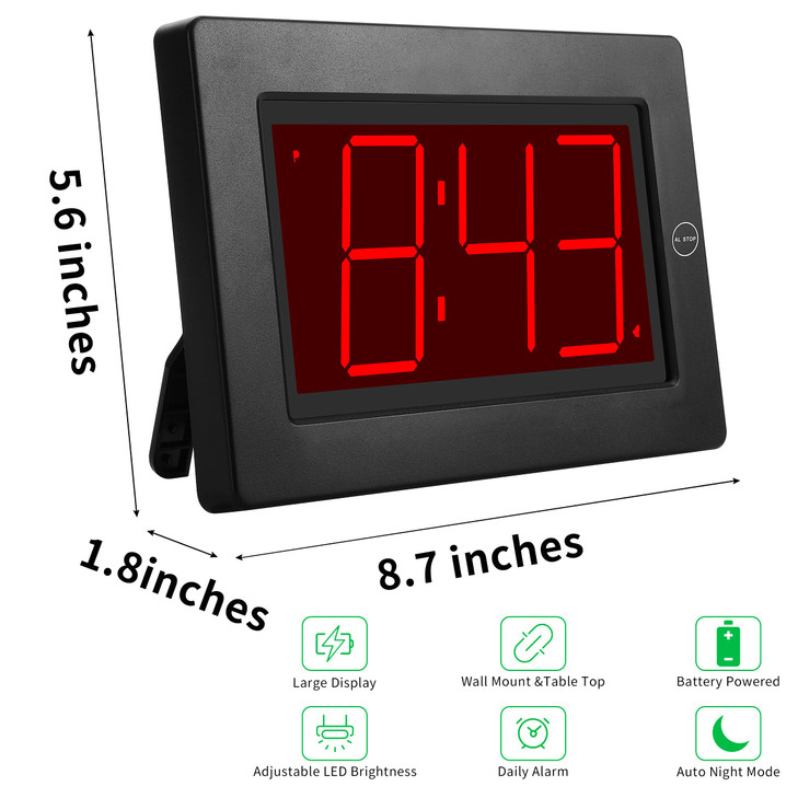 KWANWA Alarm Clock 8 Large Screen Display Digital Clock Battery Operated Auto Dimmer ModeWall ClockDesk Clock for Bedroo