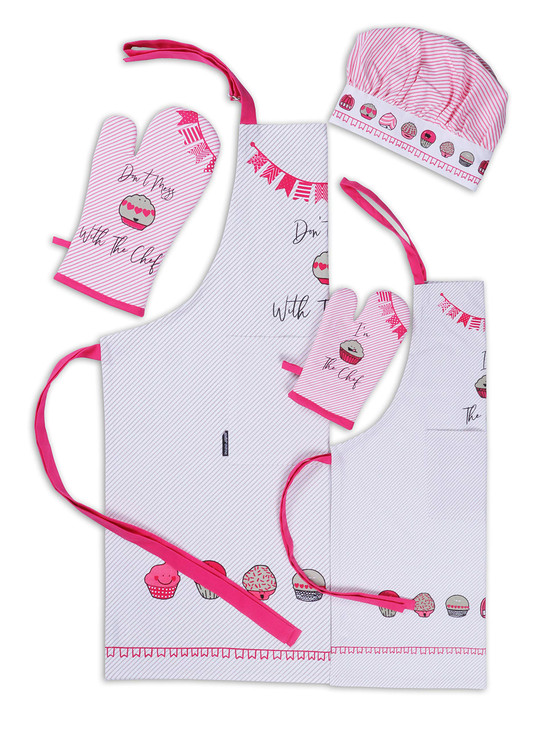 AMOUR INFINI Cupcakes Baking 5Piece Kitchen Set Cotton Womens Aprons and Oven MittsKids Aprons Oven Mitts and Chef Hats