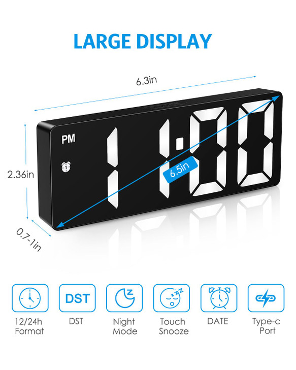 AMIR Digital Alarm Clock Upgraded Version LED Clock for Bedroom Electronic Desktop Clock with TypeC PortAdjustable Brigh