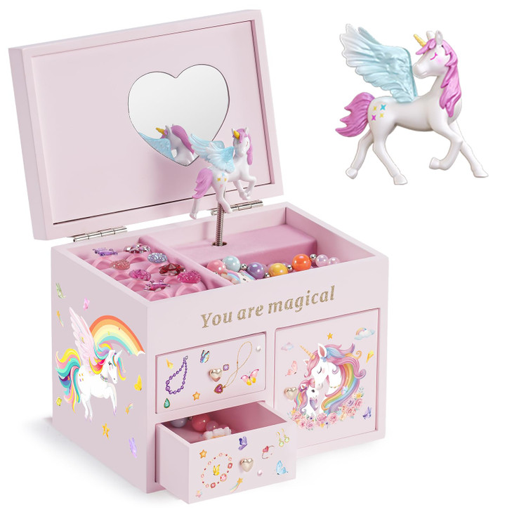 Lolalet Wooden Jewelry Box with Unicorn for Girls Musical Childrens Jewelry Organizer Gift for Toddler Age 2 3 4 5 6 7 8