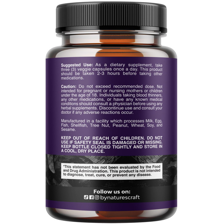 Natures Craft Activated Charcoal Pills Detox & Cleanse - Purifying Coconut Capsules with 1200 mg Per Serving for Bloating Relief - Active Detox Suppl