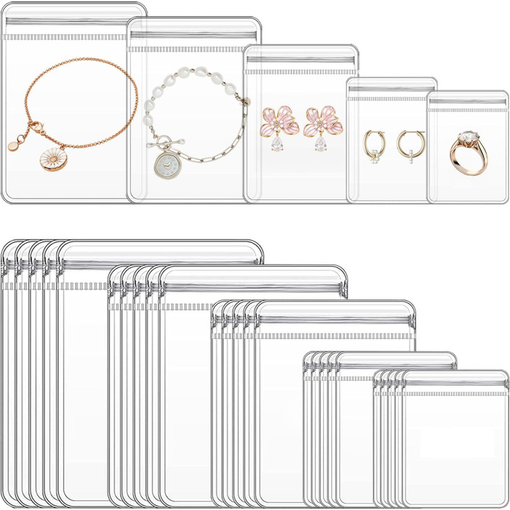 210 pcs 5 Sizes Clear PVC Jewelry Bags Plastic Transparent Jewelry Rings Earrings Packing Storage Pouch Anti Tarnish Zip