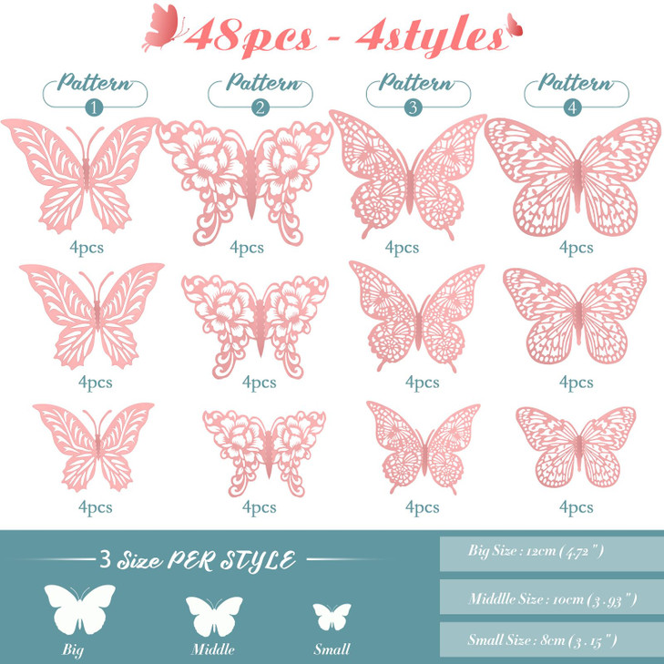 3D Pink Butterfly Wall Decor 3 Sizes 4 Styles Butterfly Party Decorations Cake Decorations Removable Stickers Wall Decor