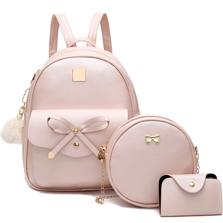 I IHAYNER Girls Bowknot 3Pieces Fahsion Leather Backpack Backpack Purse for Women Rucksack for Ladies Shoulder Bag Pink