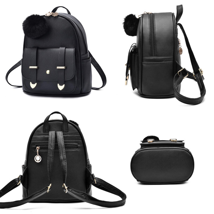 I IHAYNER Girls Fashion Backpack Mini Backpack Purse for Women Teenage Girls Purses PU Leather Pompom Backpack Shoulder