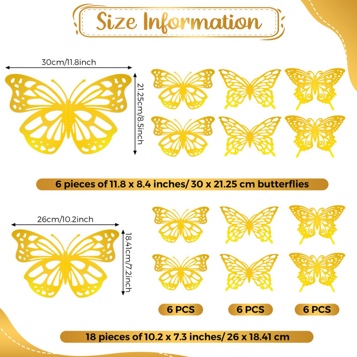 Yeaqee 24 Pcs Large Butterfly Party Decoration 3D Butterflies Wall Decor Set 2 Sizes 3 Styles Large Stickers for Birthda