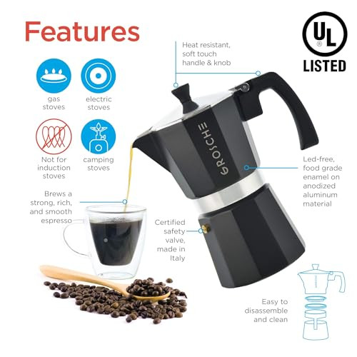GROSCHE Milano Stovetop Espresso Maker Moka Pot Cuban Coffee Maker Stovetop Coffee Maker Moka Italian Greca Brewer Perco