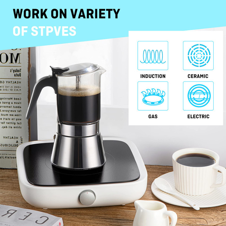 SIXAQUAE Moka Induction Stovetop Espresso MakerCrystal Glasstop Stainless Steel Espresso Moka PotClassic Italian coffee
