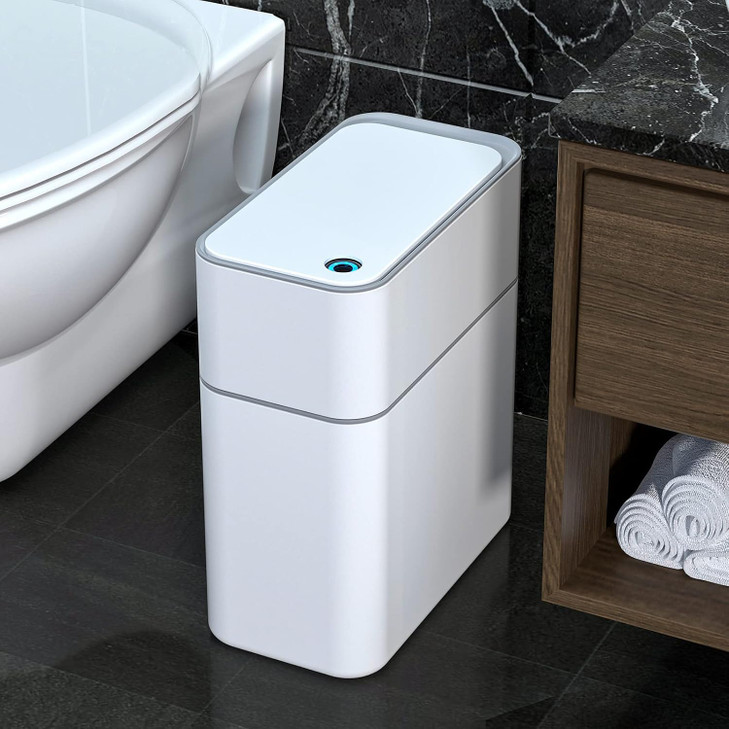 MOPALL Small Bathroom Trash Cans with LidsMotion Sensor Bathroom Trash CanNarrow Waterproof Plastic 35 Gallon Automatic
