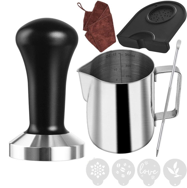 Ezebesta 51 mm Coffee Tamper Set Coffee Press for Portafilter Machine Espresso Tamper with Tamper Mat Frothing Pitcher 3