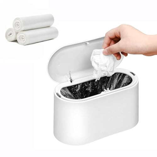 SUBEKYU Mini Trash Can with LidSmall Desk Trash CanCountertop Mini Garbage CansTiny Waste BasketWhitewith 3 roll Bags