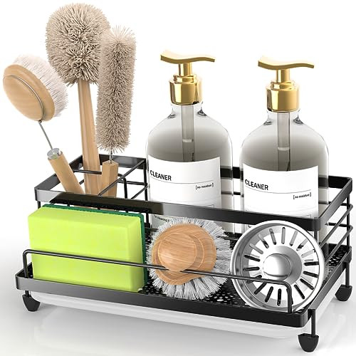Cisily Large Black Sponge Holder for Kitchen Sink Caddy Sink Organizer Rack for Kitchen Accessories with Drip Tray Rustp