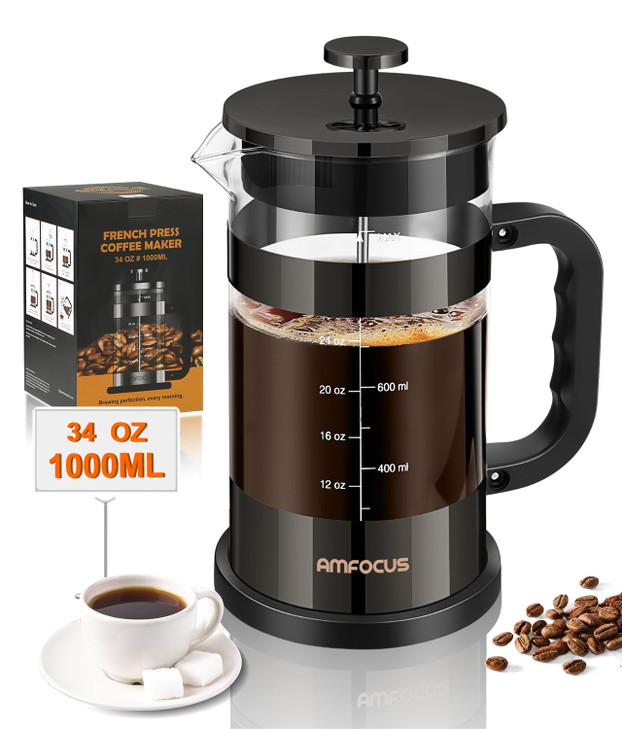 French Press Coffee Maker 34oz Classic Coffee Press Heatresistant Borosilicate Glass Coffee Pot with 4Level Disassemble