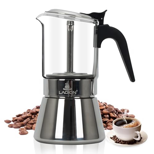 LAOION Stovetop Espresso Maker 6Cup 240ml Classic Moka Pot Crystal Glasstop Stainless Steel Coffee Maker Mocha Pot Greca