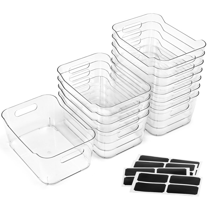 12 PACK MultiUse Clear Plastic Storage Bins for Organizing w Labels Home Kitchen Bathroom Office Pantry Cabinet Shelf Or