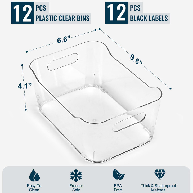 12 PACK MultiUse Clear Plastic Storage Bins for Organizing w Labels Home Kitchen Bathroom Office Pantry Cabinet Shelf Or