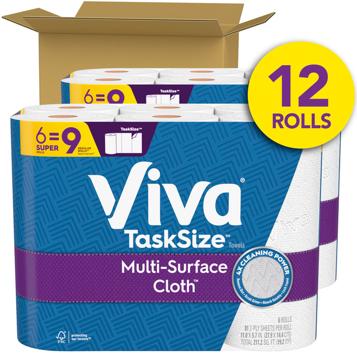 Viva MultiSurface Cloth Paper Towels Task Size 12 Super Rolls 2 Packs of 6 81 Sheets Per Roll