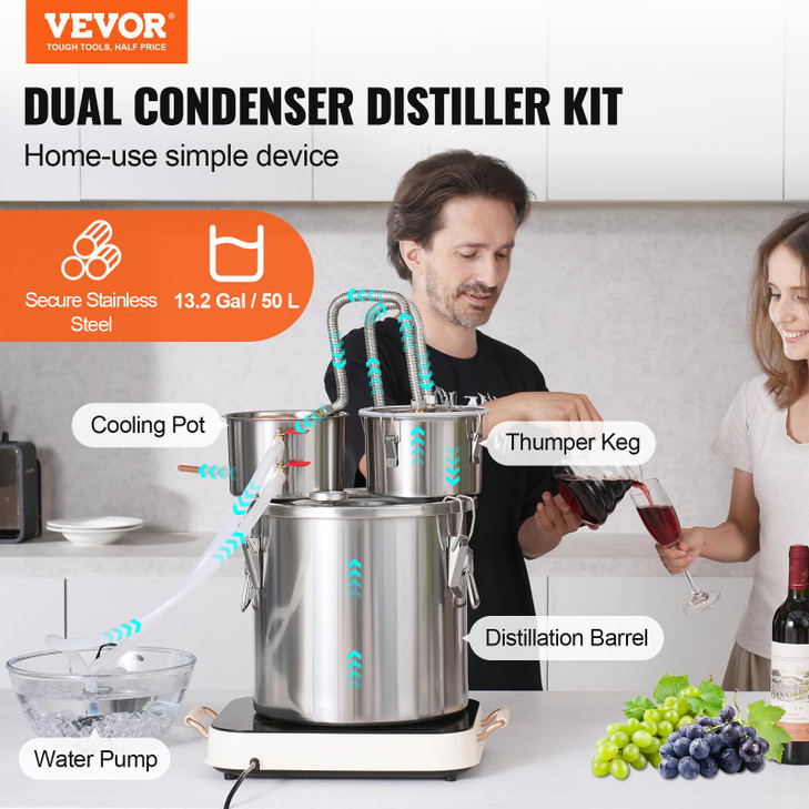 VEVOR Alcohol Still with Thumper Keg 132Gal 50L Alcohol Distiller Distillery Kit for Alcohol with Copper Tube Buildin Th