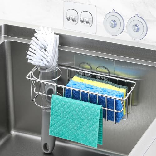 3In1 Sponge Holder for Kitchen Sink with Suction Cups Adhesive Hook Insink Sponge Holder Wall Hanging Sink Caddy Organiz
